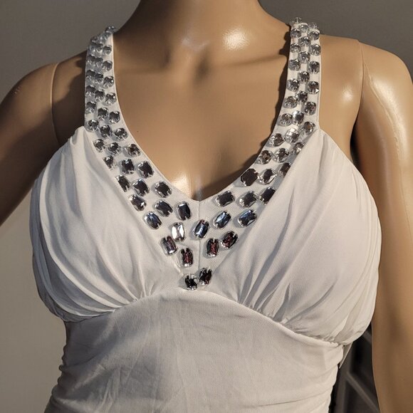 Sexy Women White Lace Rhinestone Mini Club Party Cocktail Dress Small N9073 - Picture 3 of 7